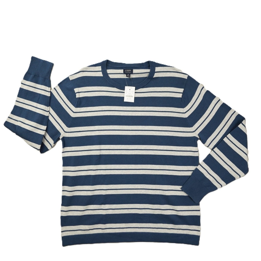 J. Crew Crew Neck Sweater Men's Medium Blue Grey Stripe Cotton Preppy NWT